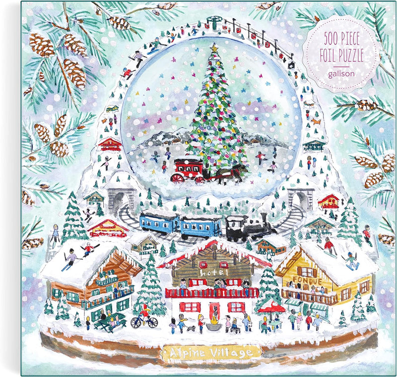 Galison Michael Storrings Alpine Village Snow Globe – 500 Piece Foil Puzzle of Christmas Snow Filled Mountains Artwork with Gold Foil Accents