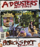 Adbusters Magazine cover featuring a colorful street parade with a giant puppet and people in a park beneath the headlines New Vibes and Blackspot Revolution