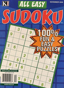 All Easy Sudoku Magazine cover featuring a large Sudoku puzzle grid and a colorful 100 percent fun and easy puzzles badge for November 2026