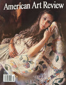 American Art Review Magazine cover featuring a reclining woman in a floral dress and quilted blanket with a painted portrait aesthetic and August 2026 issue