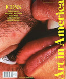 Art in America Magazine cover featuring a close up portrait of eyes nose and mouth with bold yellow typography and featured artist names