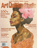 Art Quilting Studio Magazine cover featuring a colorful mixed media quilt portrait of a woman with flowers and creative quilting features for Autumn 2026