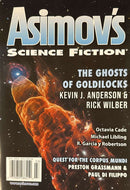 Asimov's Science Fiction Magazine cover featuring a glowing orange nebula in space with featured stories and author names for science fiction magazines