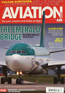 Aviation News Magazine cover featuring a passenger aircraft on the runway with headlines about Vulcan survivors The Emerald Bridge and aviation history