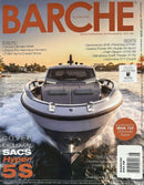 Barche Magazine cover featuring a sleek motor yacht speeding across the water at sunset with bold orange lettering and boating feature headlines