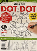 Blissful Coloring Magazine cover featuring a large numbered dot to dot flower illustration with sample animal floral and landmark designs for coloring