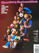 Bloomberg Businessweek Weekly Magazine cover featuring a colorful illustrated audience watching movies with cinema themed cover lines and a dark background