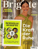 Brigitte Magazine cover featuring a smiling woman in a green dress with headlines about women fashion quick recipes and finding calm in everyday life