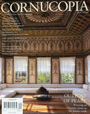 Cornucopia Magazine cover showing an ornate Ottoman interior with carved wood details tall windows and colorful textiles plus features on travel and culture