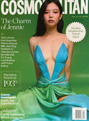 Cosmopolitan Magazine cover featuring a woman in a blue and green gown with fashion headlines and relationship stories on a green background for Magazines