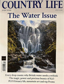 Country Life Magazine cover featuring a dramatic waterfall in a rocky mountain landscape with The Water Issue headline and stories about British water and natural beauty.