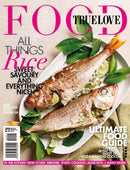 True Love Food magazine cover featuring two whole roasted fish with lemon and leafy greens on a plate with bold food editorial headlines