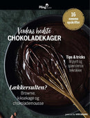 Cover of Verdens bedste chokoladekager - 16 nemme opskrifter featuring a whisk in rich chocolate batter and inspiration for brownies cheesecake and chocolate mousse