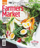 Farmers Market magazine cover featuring carrots green beans radishes eggs and leafy vegetables with a farm to table recipe theme
