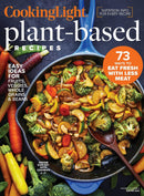 Cooking Light Plant-Based Recipes magazine cover featuring a skillet of roasted carrots broccoli mushrooms zucchini and other colorful vegetables