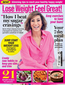 Cover of a health and fitness magazine titled Lose Weight Feel Great featuring a smiling woman in a pink shirt with headlines on sugar cravings, easy exercises, meal plans, and weight loss tips.