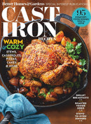 Cast-Iron Recipes magazine cover featuring a golden roasted chicken with vegetables in a cast iron skillet and warm cozy meal ideas