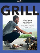 Grill for Gourmeter magazine cover showing a man cooking over an outdoor fire with grilled food and firewood nearby