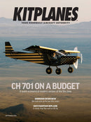KITPLANES magazine cover featuring a black and gold homebuilt aircraft flying above a mountainous landscape with CH 701 on a budget headline