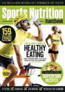 Sports Nutrition Handbook magazine cover featuring cyclists and runners with healthy eating advice and nutrient packed superfood recipes