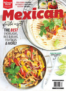 Mexican magazine cover featuring colorful enchiladas, rice and beans, fish tacos, festive drinks, and a sizzling skillet of seasoned chicken and peppers