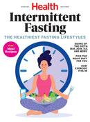 Cover of Health Intermittent Fasting magazine featuring a woman meditating in front of a clock, holding a glass of water and a fork with healthy foods in her lap, promoting fasting lifestyles and recipes.
