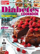 Diabetes Cookbook magazine cover featuring a chocolate cake topped with raspberries and text promoting 108 recipes for healthy meals and desserts