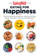 EatingWell Eating for Happiness magazine cover with colorful dishes, berries, eggs, hummus, salmon, nuts, and a joyful eating illustration
