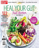 Heal Your Gut magazine cover featuring a colorful bowl of vegetables noodles avocado and herbs with recipes for nutritious meals and natural wellness