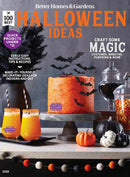 BH&G 100 Best Halloween Ideas magazine cover featuring Halloween crafts orange drinks pumpkins bats candy jars and festive home decorating projects