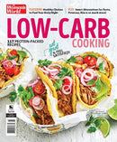 Low-Carb Cooking magazine cover featuring colorful protein packed tacos topped with vegetables herbs and lime wedges