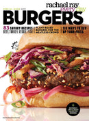 Rachael Ray Every Day Burgers magazine cover featuring a stacked burger with beef patty red cabbage peppers onions and sauce on a bun
