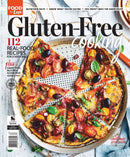 Gluten-Free Cooking magazine cover featuring a colorful vegetable pizza with tomatoes basil olives and 112 real food recipes