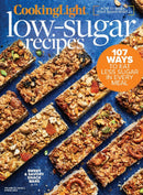 Cooking Light Low Sugar Recipes magazine cover featuring assorted homemade granola bars and text about 107 ways to eat less sugar in every meal