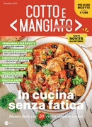 Cotto e Mangiato magazine cover featuring a colorful plate of rustic Italian dishes with mushrooms olives and herbs and headlines about easy cooking recipes