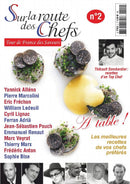 Sur la Route des Chefs magazine cover featuring truffle topped dishes chef portraits and a red issue badge on a white background