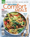 Fast & Fresh Comfort Meals magazine cover featuring a colorful bowl of stir fried noodles with beef peppers greens and step by step recipe text