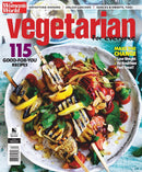 Vegetarian for Everyone magazine cover featuring a colorful grilled vegetable platter with squash eggplant tomatoes greens and 115 good for you recipes