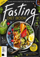 Fasting Diet Book cover featuring colorful healthy meals with vegetables and berries alongside green juice and intermittent fasting guidance