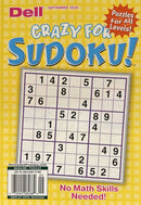 Crazy for Sudoku Magazine cover featuring a large Sudoku puzzle grid colorful yellow design puzzles for all levels and no math skills needed message