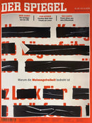Der Spiegel Magazine cover with red and white typography obscured by black strips and a headline about threats to freedom of expression Magazines