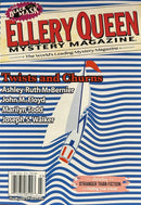 Ellery Queen's Mystery Magazine vintage cover with bold red lettering blue and white stripes an airplane illustration and featured mystery fiction authors