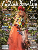 Enrich Your Life Magazine cover featuring a fashion model in an orange gown and floral crown surrounded by garden blooms and colorful lifestyle feature headlines