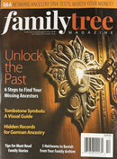 Family Tree Magazine cover featuring an ornate antique key and headlines about ancestry DNA tests missing ancestors tombstone symbols and German ancestry