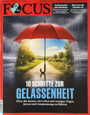 Focus Magazine cover showing a red umbrella over a sunlit countryside path in the rain with German headlines about calmness and stress free living