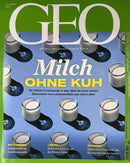 Geo Germany Magazine cover featuring milk jars on a blue background with a green header and a German feature about laboratory produced food
