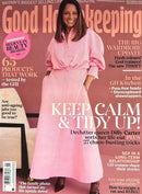 Good Housekeeping UK Magazine cover featuring a woman in a pink dress with articles about beauty awards, decluttering, cleaning and home advice