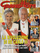 Grand Hotel Magazine cover featuring King Charles III and Queen Camilla with Italian headlines about the royal couple and related celebrity stories