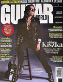 Guitar World Magazine cover featuring a musician seated with an electric guitar and headlines about Anthrax Mastodon Lenny Kravitz and guitar interviews