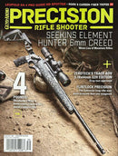 Guns & Ammo Precision Rifle Shooter Magazine cover featuring a precision rifle on rocky ground with articles on the Seekins Element Hunter 6mm Creedmoor rifle